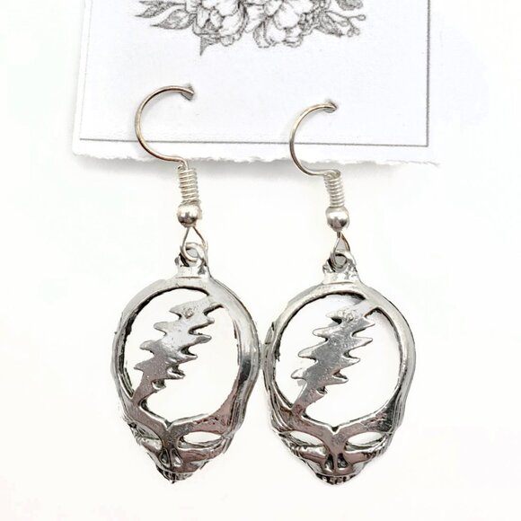 Handmade Silvertone Grateful Dead SYF Steal Your Face Dangle Earrings, New - Picture 1 of 2